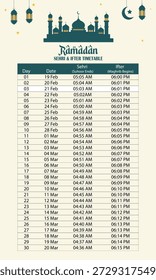Anuncio de horario de Ramadán para el Vector editable del tablón de anuncios de la mezquita. Planificador de ayuno para la comunidad religiosa.