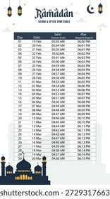 Anuncio de horario de Ramadán para el Vector editable del tablón de anuncios de la mezquita. Planificador de ayuno para la comunidad religiosa.