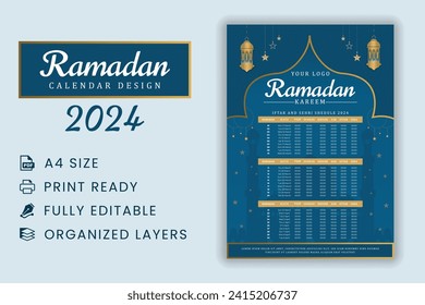 Ramadan timetable calendar design. Ramadan Kareem calendar Planner. Ramadan calendar 2024