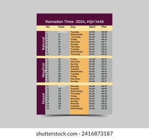 Ramadan timetable calendar template. Ramadan Calendar. Ramadan Kareem Timing Calendar.