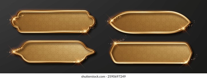 Ramadan title banner. Arab luxury golden border. 3D arabesque sticker or golden header. Oriental borders set