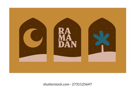 Cartel del tríptico de Ramadán con tipografía de luna creciente y palmera en estilo islámico mínimo.