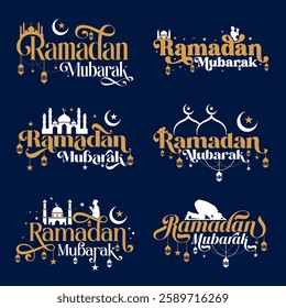 Ramadan Typography Design with a Crescent Moon Hanging Lanterns and Elegant Islamic Patterns for Social Media Posts, Festival Banners, Posters Flyers, Website Headers and Greeting Card Designs
