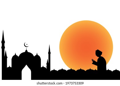 Ramadan vector abstract illustration art design. The silhouette of a man who is elk and facing the mosque. Orange sun background. Isolated white background.