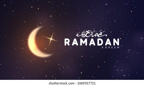 Ramadan vector background. Arabic calligraphic text of Ramadan Kareem. Night view of starry sky bright moon, light half a month. Design greeting card, banner, poster. Traditional Islamic holy holiday