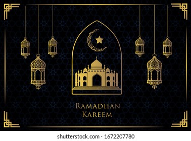 Ramadan vector background. Design arabian gold vintage lantern, golden crescent moon. Arabic calligraphic text of Ramadan Kareem. Greeting card, banner, poster. Traditional Islamic holy holiday
