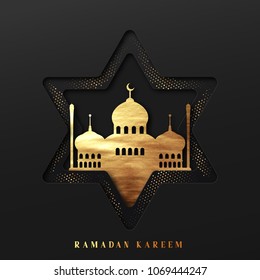 Ramadan vector background. Effect of the cut paper five-pointed star with mosques with text of Ramadan Kareem. Creative design greeting card, banner, poster. Traditional Islamic holy holiday