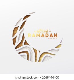 Ramadan vector background. Effect of the cut paper with the embossed Arabic calligraphic text of Ramadan Kareem. Creative design greeting card, banner, poster. Traditional Islamic holy holiday