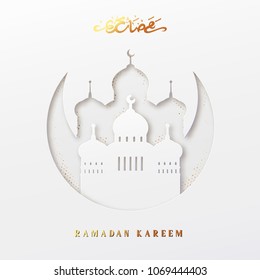 Ramadan vector background. Effect of the cut paper with the embossed Arabic calligraphic text of Ramadan Kareem. Creative design greeting card, banner, poster. Traditional Islamic holy holiday