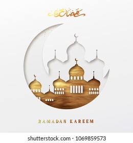 Ramadan vector background. Effect of the cut paper with the embossed Arabic calligraphic text of Ramadan Kareem. Creative design greeting card, banner, poster. Traditional Islamic holy holiday