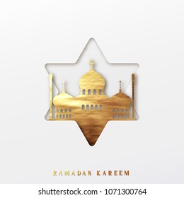 Ramadan vector background. Effect of the cut paper five-pointed star with mosques with text of Ramadan Kareem. Creative design greeting card, banner, poster. Traditional Islamic holy holiday
