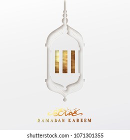 Ramadan vector background. Effect of the cut paper with the embossed Arabic calligraphic text of Ramadan Kareem. Creative design greeting card, banner, poster. Traditional Islamic holy holiday