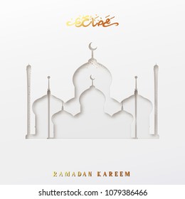 Ramadan vector background. Effect of the cut paper with the embossed Arabic calligraphic text of Ramadan Kareem. Creative design greeting card, banner, poster. Traditional Islamic holy holiday