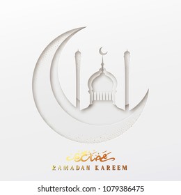 Ramadan vector background. Effect of the cut paper with the embossed Arabic calligraphic text of Ramadan Kareem. Creative design greeting card, banner, poster. Traditional Islamic holy holiday