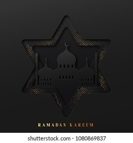 Ramadan vector background. Effect of the cut paper five-pointed star with mosques with text of Ramadan Kareem. Creative design greeting card, banner, poster. Traditional Islamic holy holiday