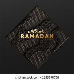 Ramadan vector background. Effect of the cut paper with the embossed Arabic calligraphic text of the Ramadan Kareem. Creative design greeting card, banner, poster. Traditional Islamic holy holiday.