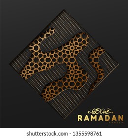 Ramadan vector background. Effect of the cut paper with the embossed Arabic calligraphic text of the Ramadan Kareem. Creative design greeting card, banner, poster. Traditional Islamic holy holiday.