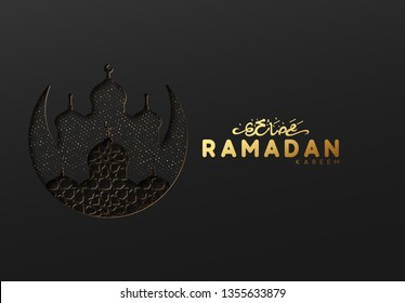 Ramadan vector background. Effect of the cut paper with the embossed Arabic calligraphic text of the Ramadan Kareem. Creative design greeting card, banner, poster. Traditional Islamic holy holiday.