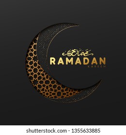 Ramadan vector background. Effect of the cut paper with the embossed Arabic calligraphic text of the Ramadan Kareem. Creative design greeting card, banner, poster. Traditional Islamic holy holiday.