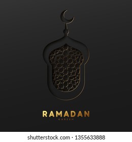 Ramadan vector background. Effect of the cut paper with the embossed Arabic calligraphic text of the Ramadan Kareem. Creative design greeting card, banner, poster. Traditional Islamic holy holiday.