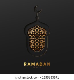 Ramadan vector background. Effect of the cut paper with the embossed Arabic calligraphic text of the Ramadan Kareem. Creative design greeting card, banner, poster. Traditional Islamic holy holiday.