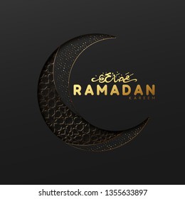 Ramadan vector background. Effect of the cut paper with the embossed Arabic calligraphic text of the Ramadan Kareem. Creative design greeting card, banner, poster. Traditional Islamic holy holiday.