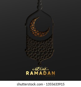 Ramadan vector background. Effect of the cut paper with the embossed Arabic calligraphic text of the Ramadan Kareem. Creative design greeting card, banner, poster. Traditional Islamic holy holiday.