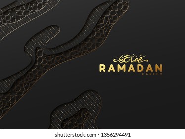 Ramadan vector background. Effect of the cut paper with the embossed Arabic calligraphic text of the Ramadan Kareem. Creative design greeting card, banner, poster. Traditional Islamic holy holiday.