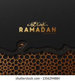 Ramadan vector background. Effect of the cut paper with the embossed Arabic calligraphic text of the Ramadan Kareem. Creative design greeting card, banner, poster. Traditional Islamic holy holiday.