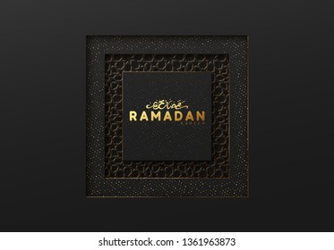 Ramadan vector background. Effect of the cut paper with the embossed Arabic calligraphic text of the Ramadan Kareem. Creative design greeting card, banner, poster. Traditional Islamic holy holiday.