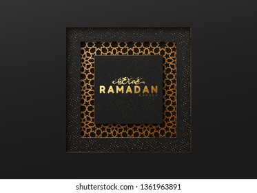 Ramadan vector background. Effect of the cut paper with the embossed Arabic calligraphic text of the Ramadan Kareem. Creative design greeting card, banner, poster. Traditional Islamic holy holiday.