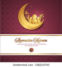 Ramadan vector background. Effect of the cut paper with the embossed Arabic calligraphic text of Ramadan Kareem. Creative design greeting card, banner, poster. Traditional Islamic holy holiday