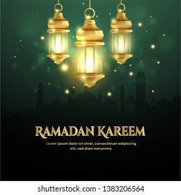 Ramadan vector background. With the embossed Arabic calligraphic text of Ramadan Kareem. Creative design greeting card, banner, poster. Traditional Islamic holy holiday
