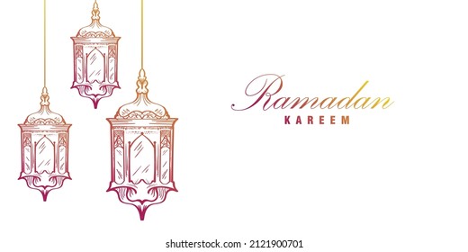 ramadan vector background Hand drawn concept lantern design.Details hand drawn ramadan lantern in purple and yellow color.Greeting cards, banners, posters. Traditional Islamic holy day