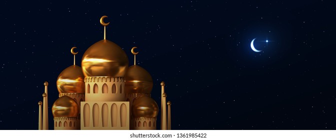 Ramadan vector background. Mosque building realistic 3d design. Night blue view of starry sky bright moon, light half a month. Design greeting card, banner, poster. Traditional Islamic holy holiday