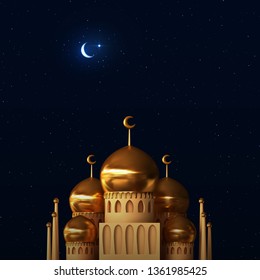 Ramadan vector background. Mosque building realistic 3d design. Night blue view of starry sky bright moon, light half a month. Design greeting card, banner, poster. Traditional Islamic holy holiday