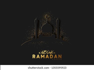 Ramadan vector background. paper cut effect surrounds the glitter of golden sand. Arabic calligraphic text translation of Ramadan Kareem