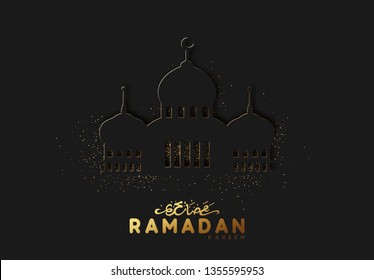 Ramadan vector background. paper cut effect surrounds the glitter of golden sand. Arabic calligraphic text translation of Ramadan Kareem