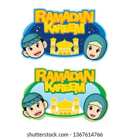 Ramadan vector cartoon illustration with moslem kids mascot