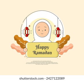 Ramadan vector with the concept of a female character wearing a hijab wishing happy Ramadan. vector illustration. ramadan vector. Can be used for invitation cards, stickers and religious events