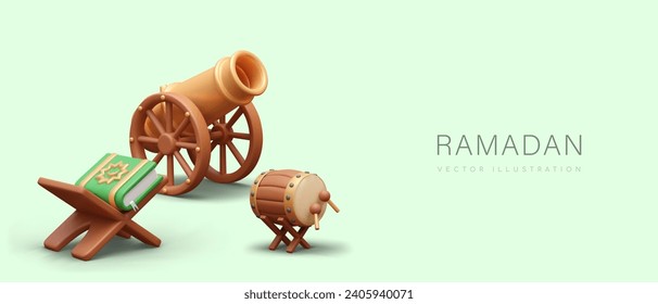 Ramadan vector concept with realistic festive attributes. Big drum with sticks, Quran, cannon. Signal about start and end of fast. Copper artillery. Time to celebrate