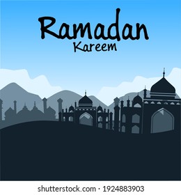 ramadan vector design with mosque image and mountains background with bright blue clouds