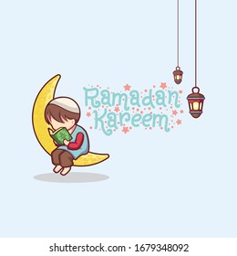 Ramadan vector graphic with chibi style contains crescent, star, and  lamps