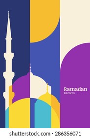 Ramadan vector greeting card with silhouette of mosque. Abstract flat color blocking vector background. Ramadan Kareem. Creative design concept for muslim holiday.