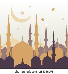 Ramadan vector greeting card with silhouette of golden mosque, moon and stars. Abstract vector seamless background. Ramadan Kareem. Design concept for muslim holiday.
