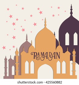 Ramadan vector greeting card with silhouette of mosque. Vector multicolor seamless background. Ramadan Kareem.