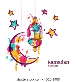 Ramadan Vektor Grußkarte mit traditioneller Aquarelllaterne, Mond und Sternen. Ramadan Kareem Aquarem, Aquarell-Hintergrund. Design für muslime Ferien. 