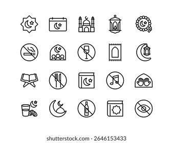 Ramadan Vector Icon Set | Adjustable Line Weight | Moon, mosque, prayer, fasting, lantern, Quran, dates, no smoking, calendar, worship, crescent, drink, spirituality icons