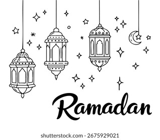 Ilustración vectorial de Ramadán con linternas colgantes, estrellas y luna para tarjetas de felicitación islámicas