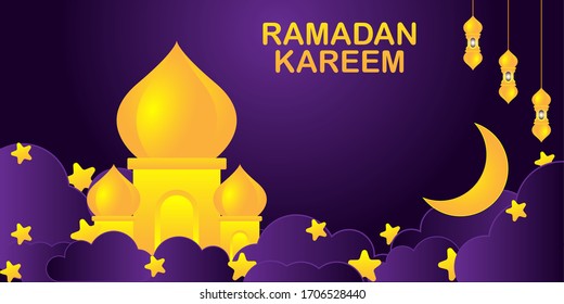 Ramadan vector illustration with mosque, star, lantern and cloud accents. 